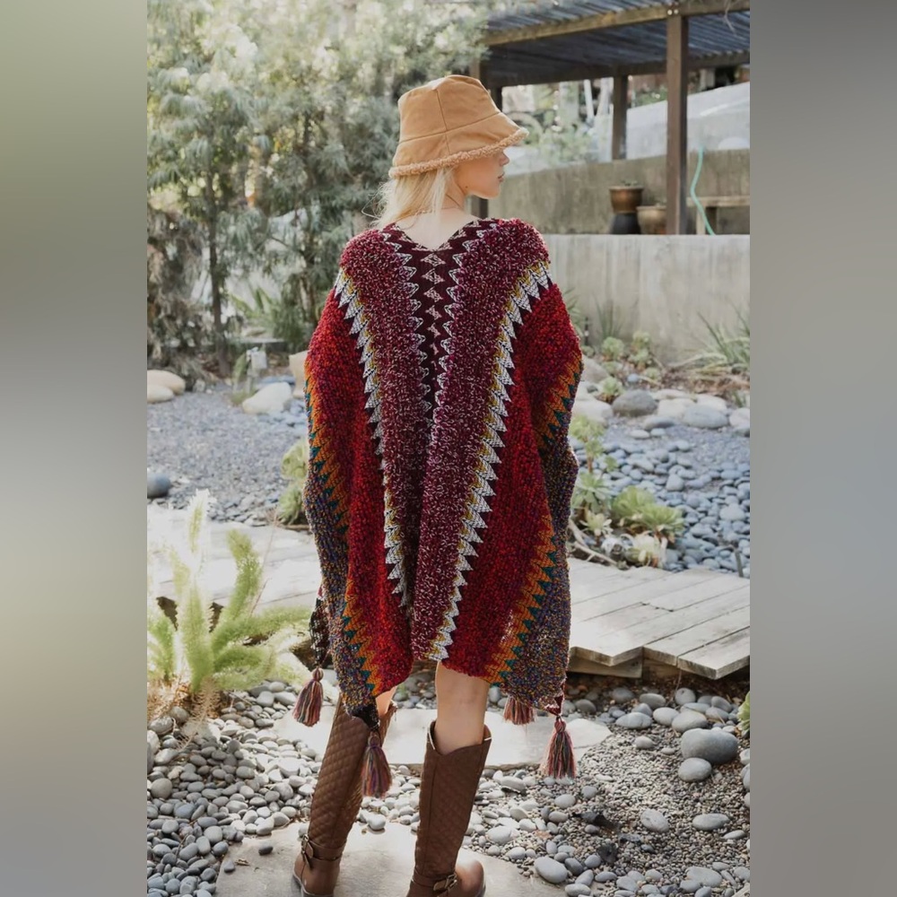 Colorful Maroon Western Boho Knit Tassel Kimono - Picture 3 of 3